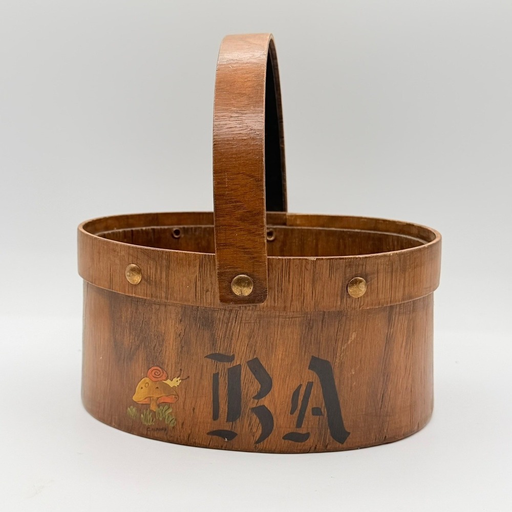 Vintage Hand Painted Mushroom Snail Bent Wood Basket Brown Good C. Almand BA